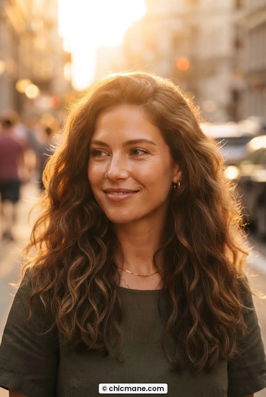 Woman with voluminous open hair showing soft natural movement and warm golden crown highlights outdoors