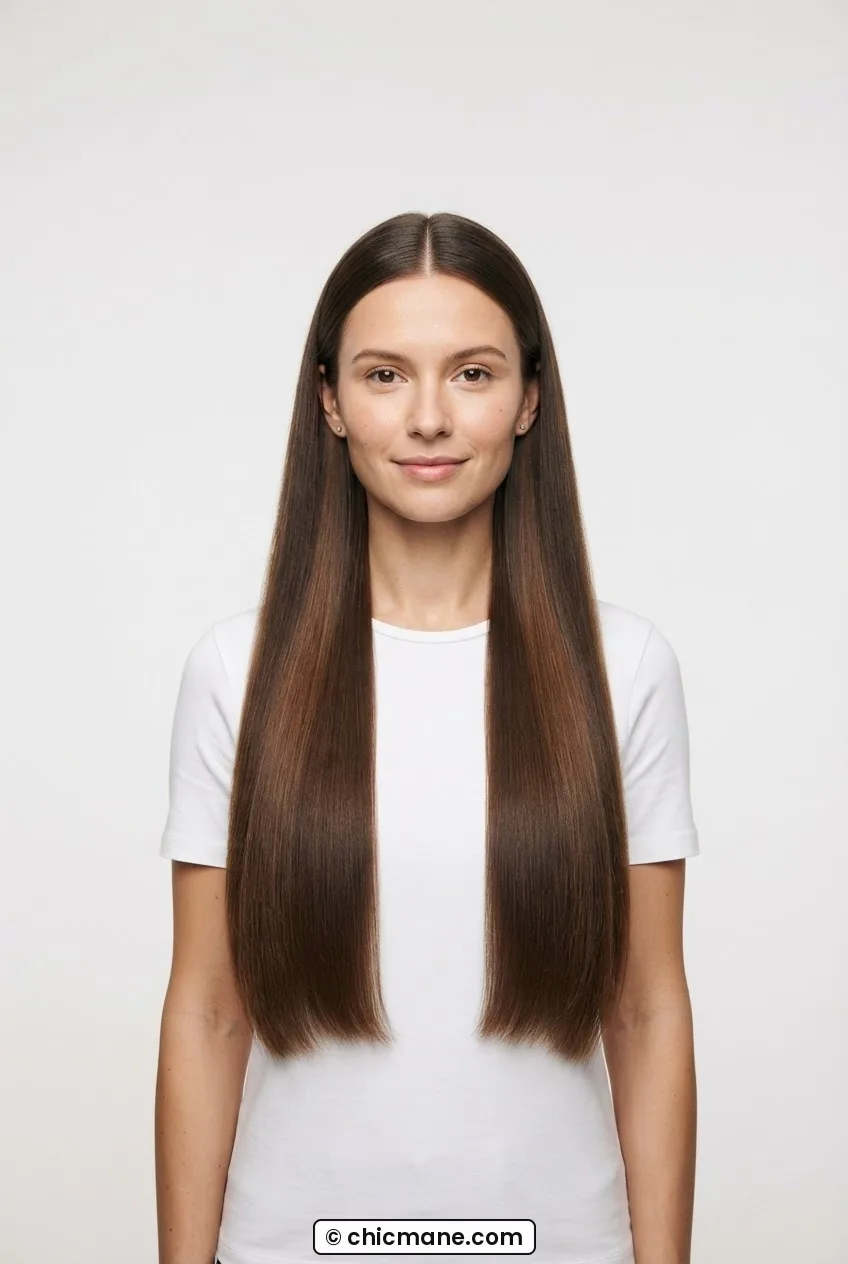 Woman with true waist-length straight center-parted hair falling like smooth curtain in dramatic beauty catalogue portrait