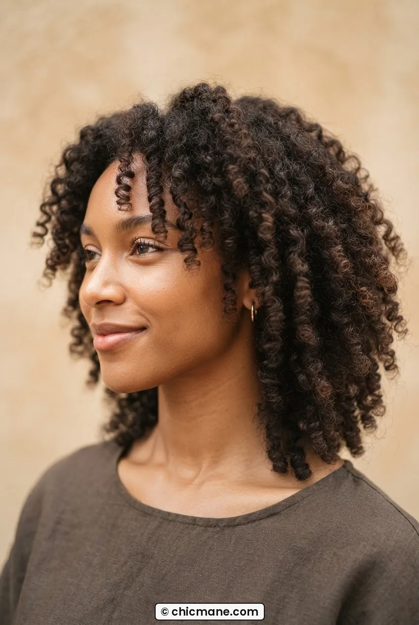Woman with 3C coily natural hair in a fully air-dried wash-and-go showing defined coil pattern against warm sand backdrop
