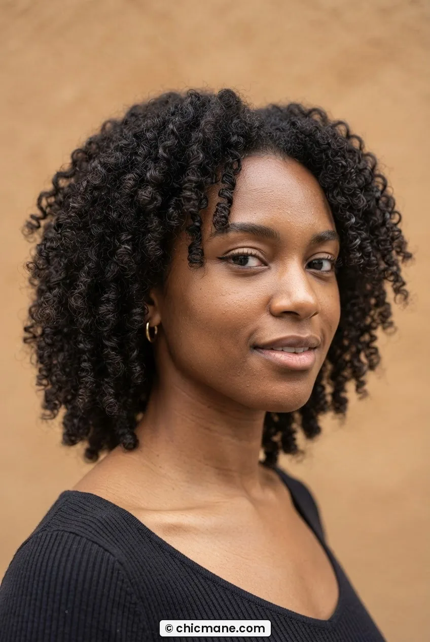 Woman with 3C natural hair in a wash-and-go with visible product cast and uniform coil definition against warm caramel backdrop