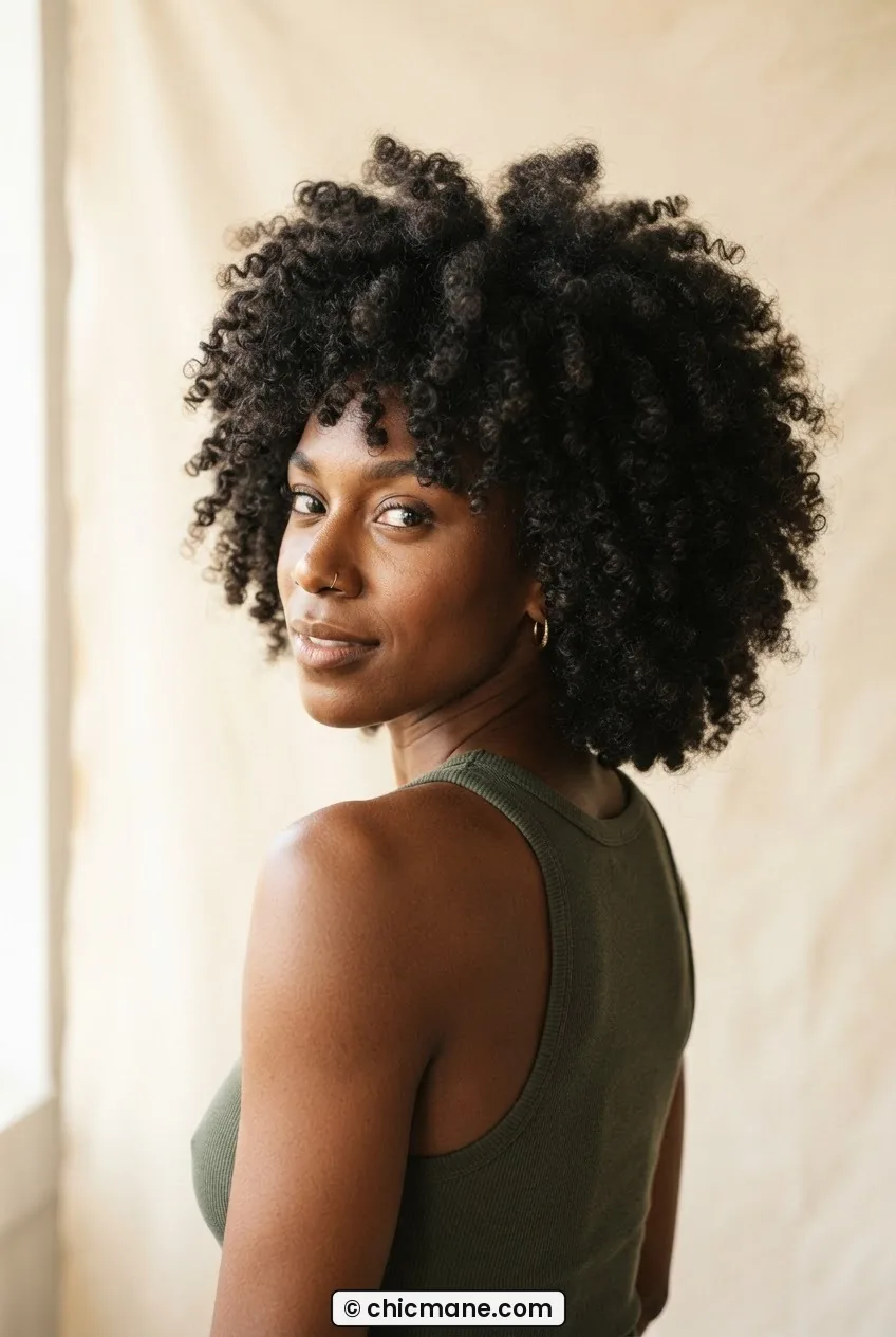 Woman with 4C wash-and-go rounded natural shape, defined coils in full afro silhouette in warm cream light