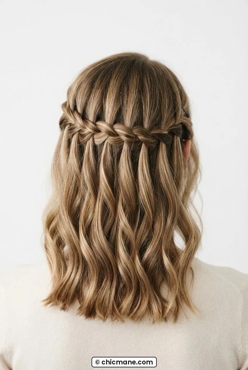 Back view of a woman's partial waterfall braid with strands falling vertically through the horizontal braid at even intervals