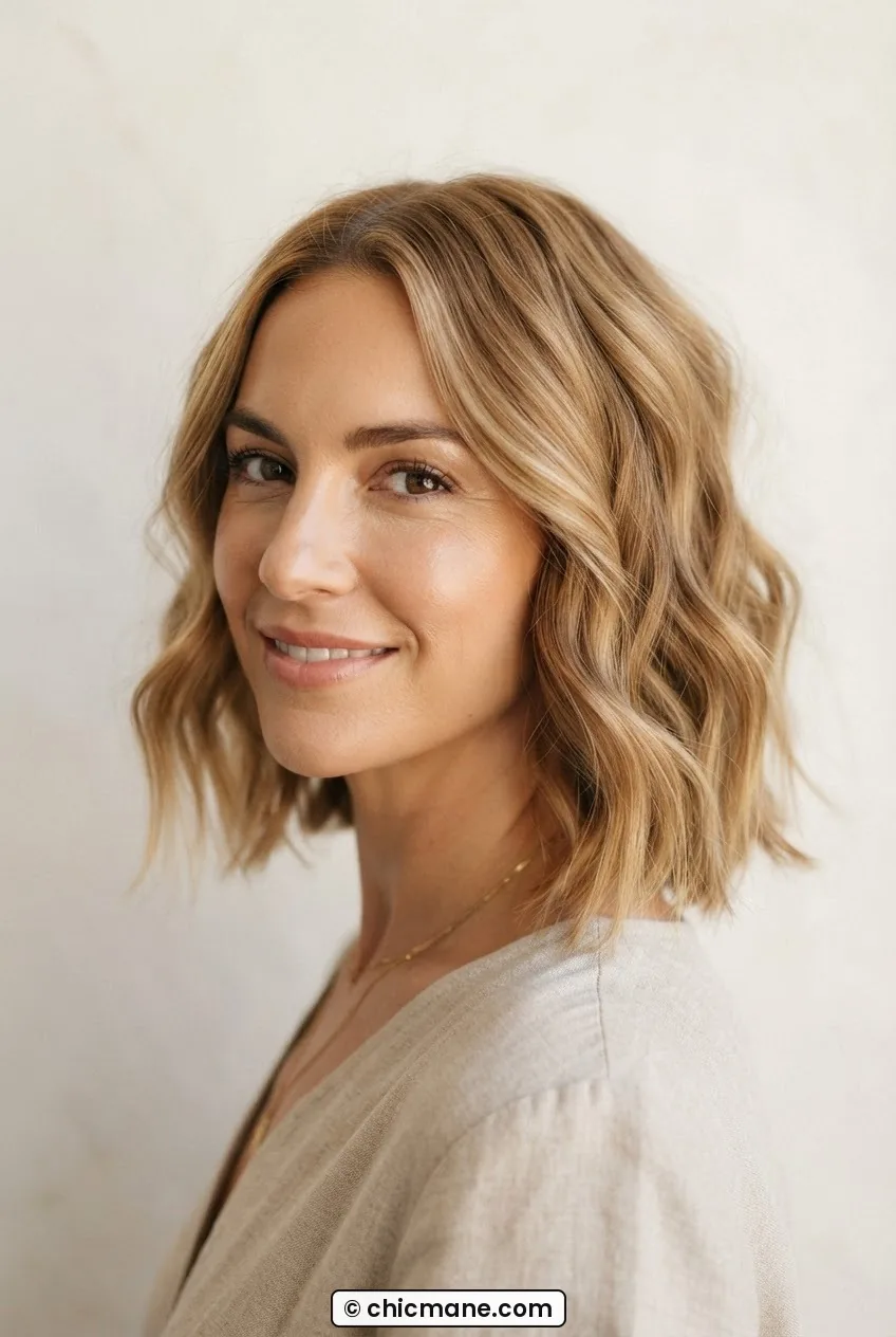 Woman with wavy chin-length lob showing soft loose wave pattern in warm honey tones with gentle right-side diffused light