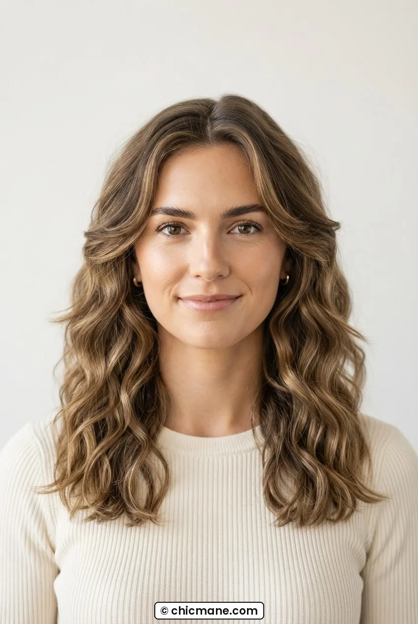 Woman with naturally wavy collarbone hair and face-framing layers showing wave pattern in soft box light beauty portrait