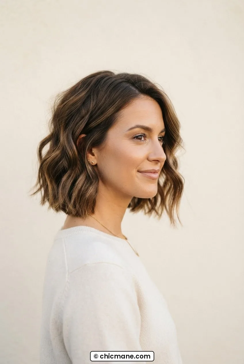 Woman with jaw-length wavy bob showing natural relaxed wave texture and volume against cream backdrop