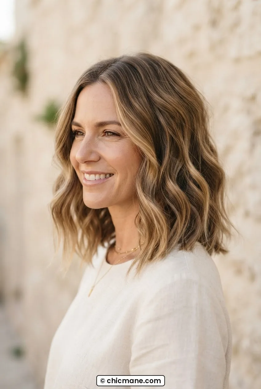 Woman with wavy collarbone lob styled with loose beachy waves and soft middle part in warm natural light