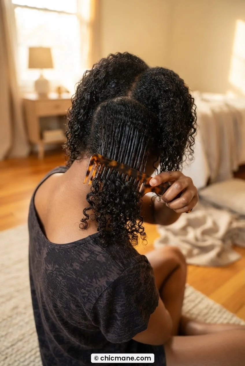Close-up of wide-tooth comb mid-detangle through a damp coily natural hair section in warm amber light