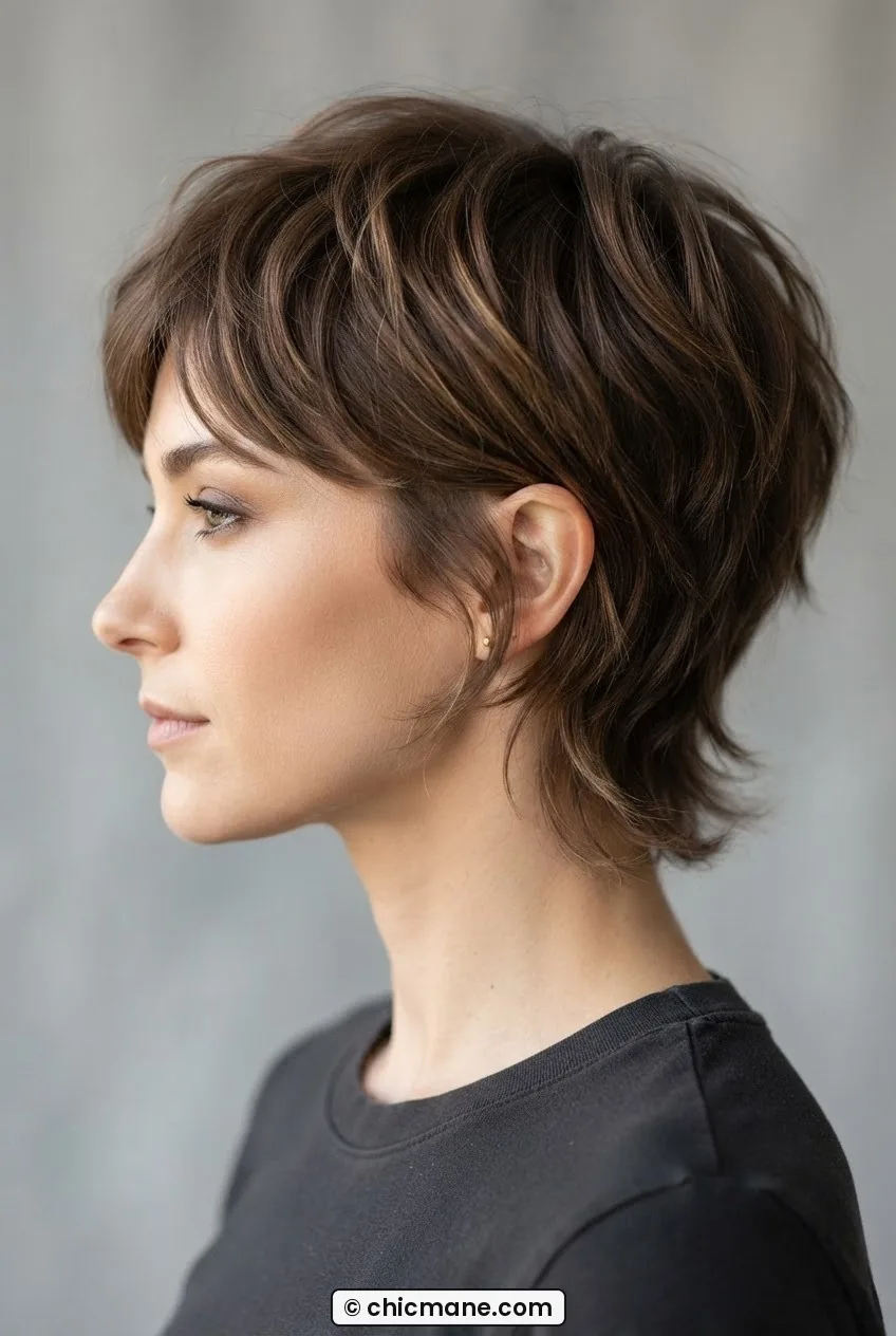 Woman mid pixie grow-out with wispy point-cut ends in chocolate brown at collar and jaw level in even studio light