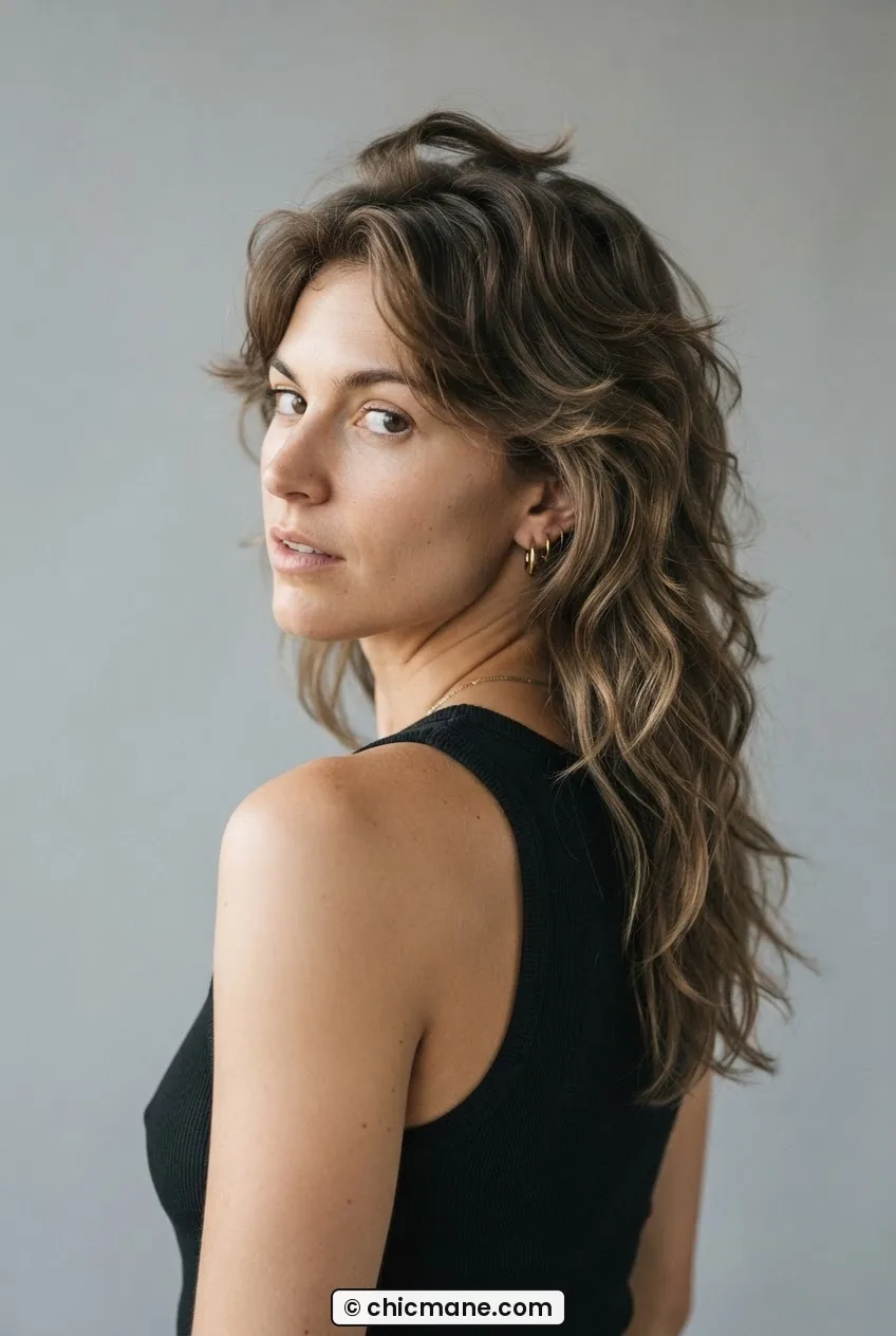 Woman with 2C wavy wolf cut, crown layers lifting in the turn, full length visible against soft grey backdrop