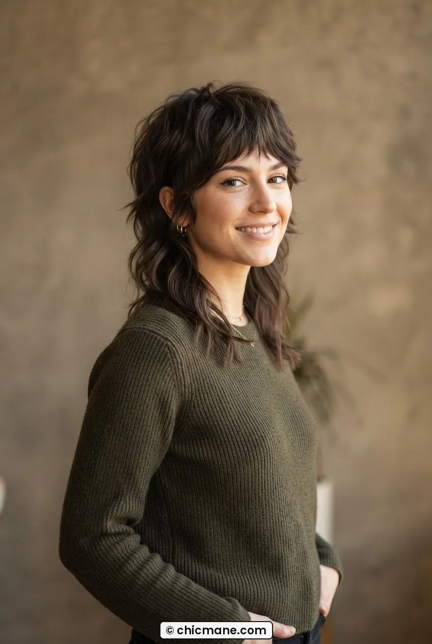 Woman with a wolf cut at collarbone length showing choppy crown layers and longer underlayers in waves