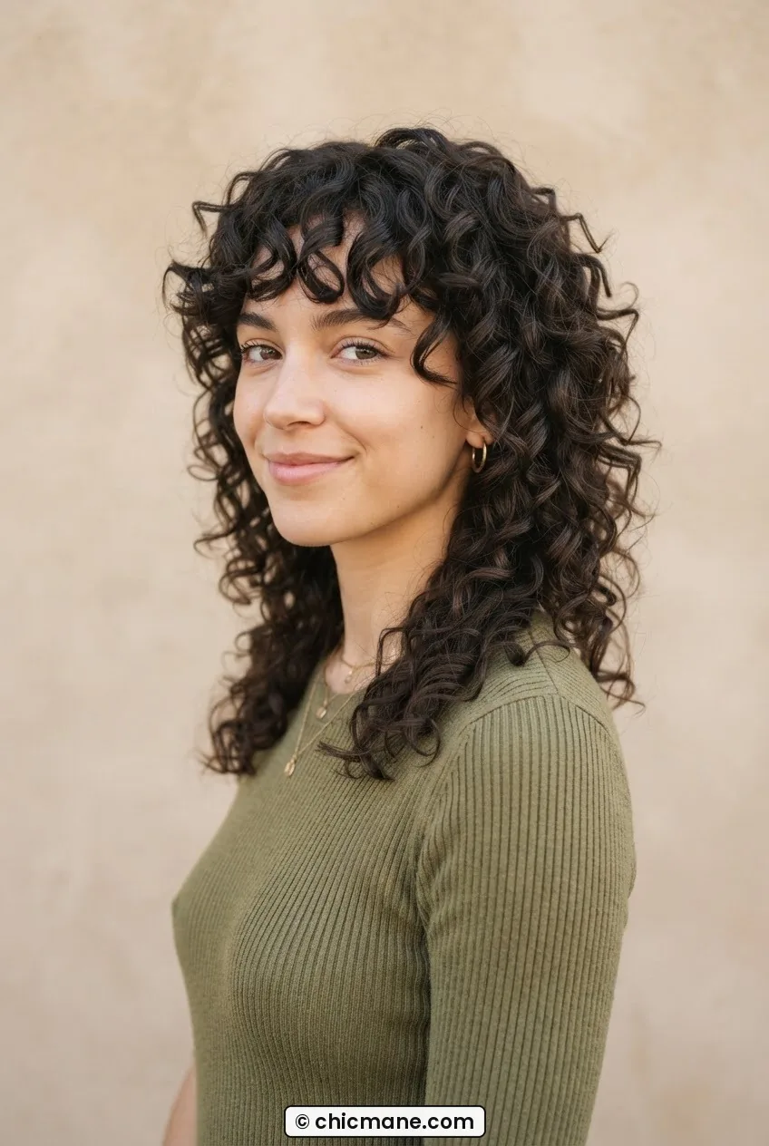 Woman with elongated wolf cut on tight 3B curls showing graduated layering from crown to sides