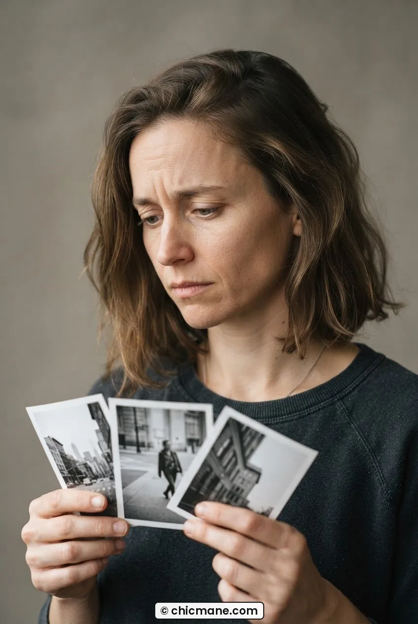 Woman holding three printed hair reference photos and looking down at them thoughtfully in a studio setting